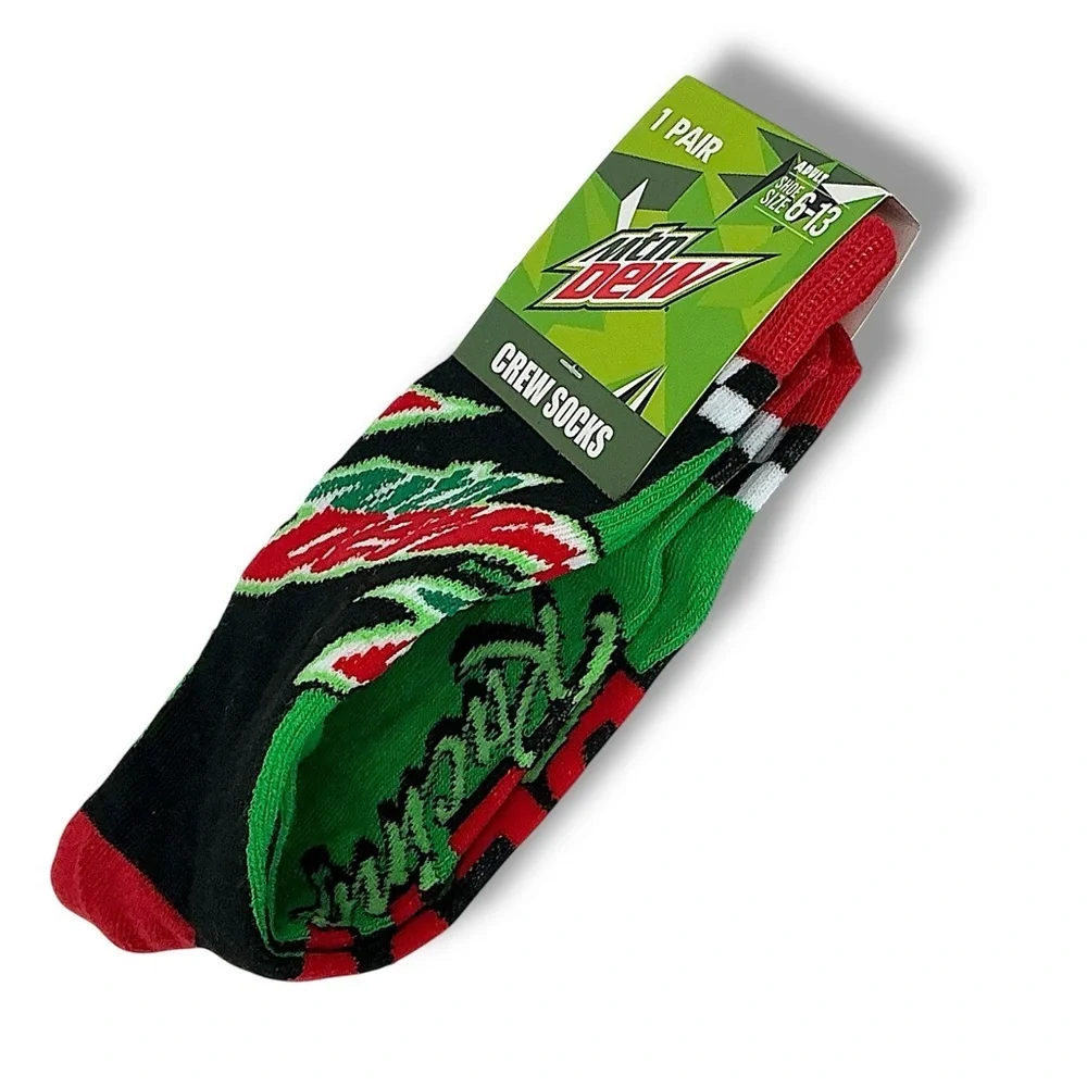 Mountain Dew Crew Socks Novelty Reinforce Toe Black Green Red Unisex Men 6-13